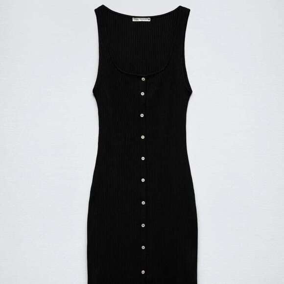 Zara Bodycon Ribbed Knit Button Down Sleeveless Black Midi Dress - Picture 4 of 11